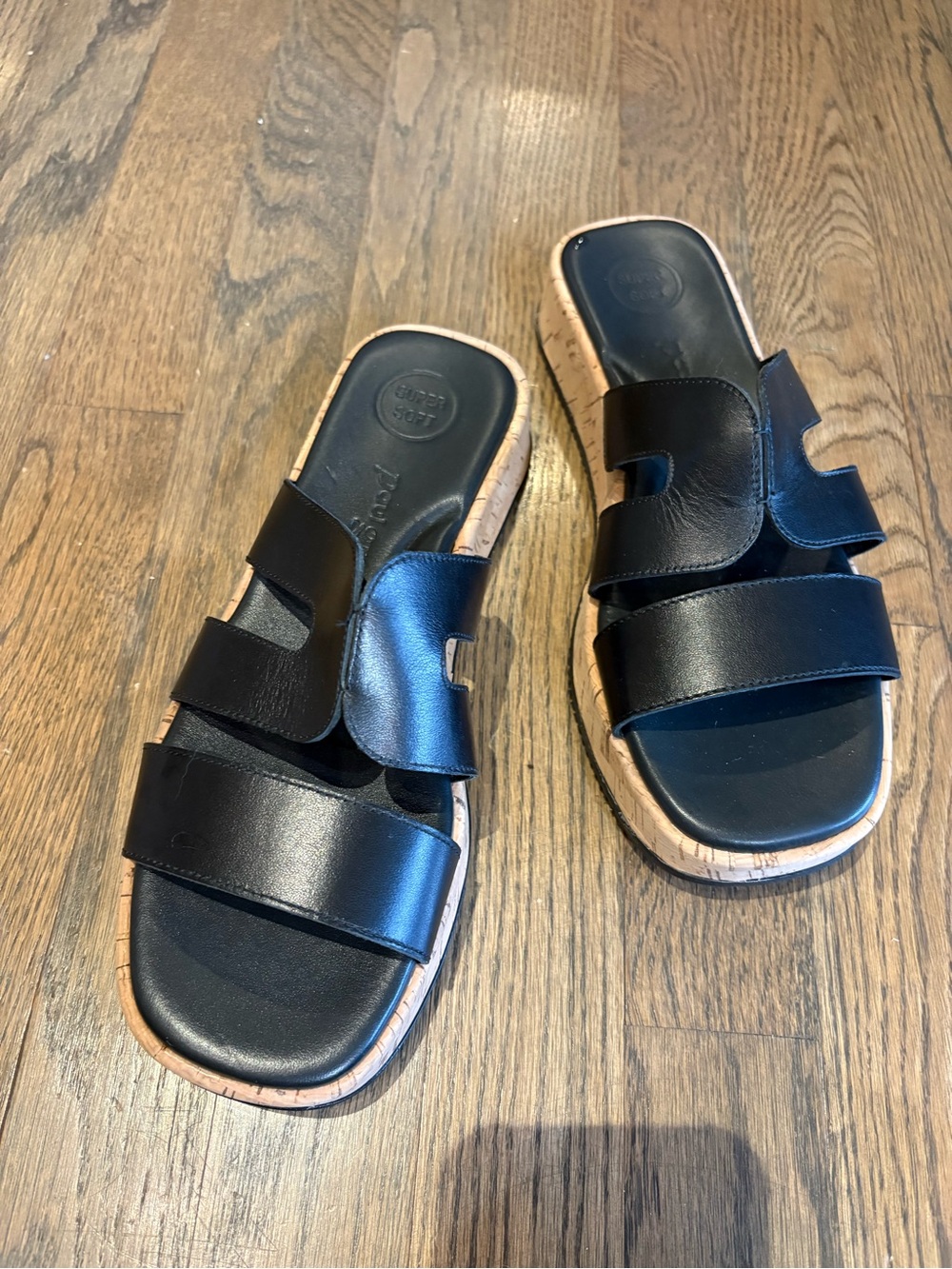 PAUL GREEN Black Leather Double-Strap Slide Sandals with Cork-Trim Sole